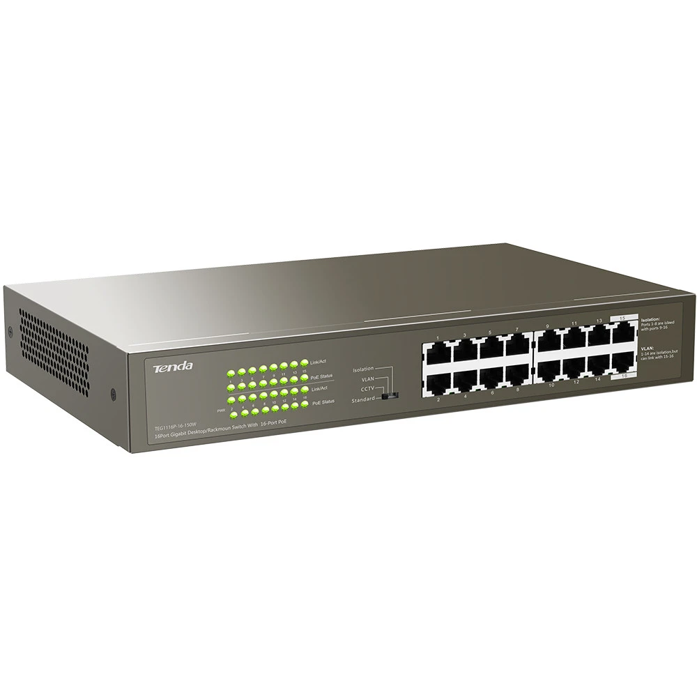 Коммутатор TENDA TEG1116P-16-150W 1000 Base-TX (1000 мбит/с)