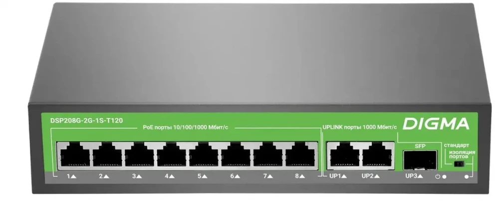 Коммутатор Digma DSP208G DSP208G-2G-1S-T120 1000 Base-T (1000 мбит/с), 1 SFP порт