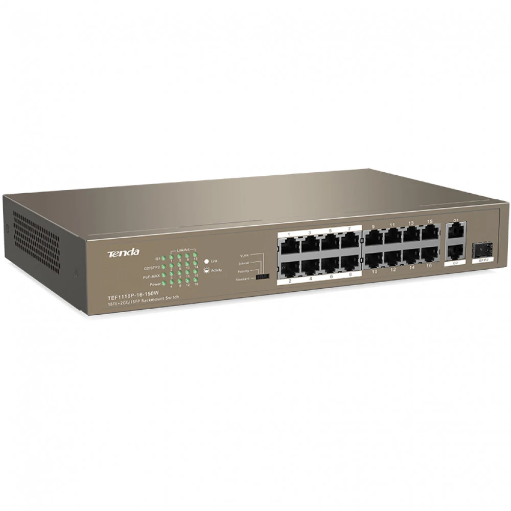 Коммутатор TENDA TEF1118P-16-150W 1000 Base-TX (1000 мбит/с), 1 SFP порт